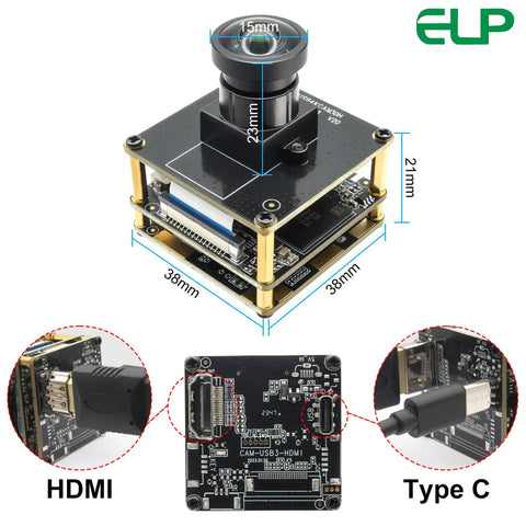 4K 60fps USB C HDMI Camera For Computers And Laser Engravers with dimensions and connectors displayed, suitable for Raspberry Pi.