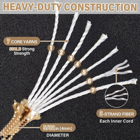 Close-up view showing 7-core yarns and 5/32in (4mm) diameter of Beefy Paracord Rope 550 Lb Strength 50 Ft Desert Camo.