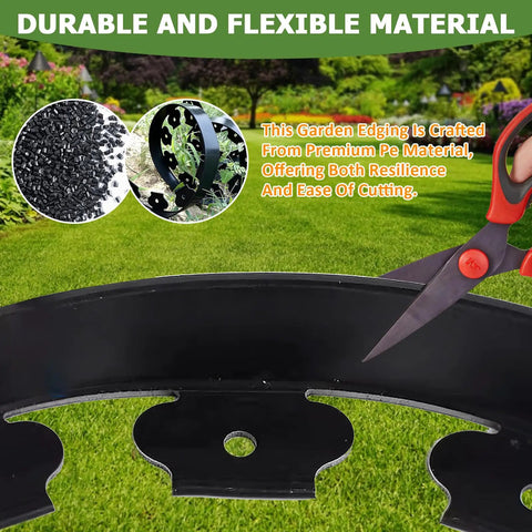 Flexible DIY Friendly Plastic Garden Edging Border 4 Inches Tall 80 Feet With 100 Metal Stakes, shown being cut.