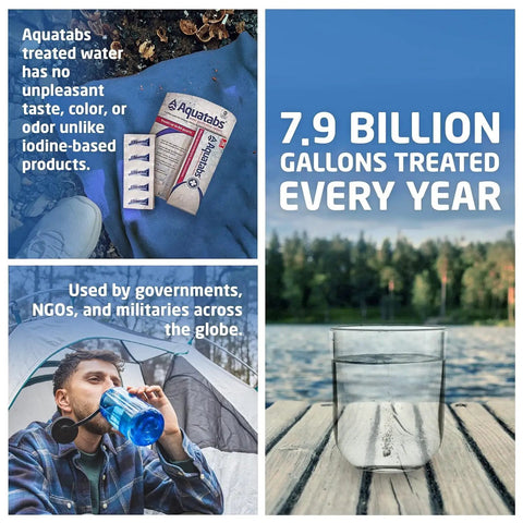 Image showing 49mg Water Purification Tablets 30 Pack, camping gear, used by campers, with 7.9 billion gallons treated annually.