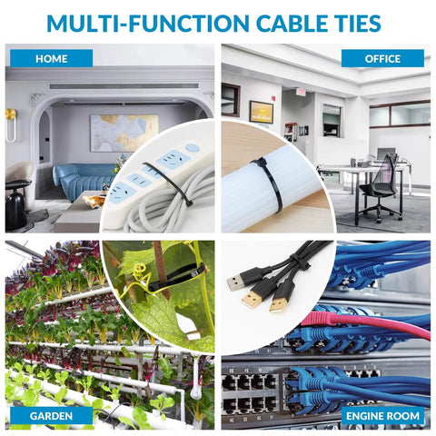 12 Inch UV Resistant Zip Ties, 1200 Pcs, 75 Lbs Tensile Strength used in home, office, garden, and engine room cable management settings.