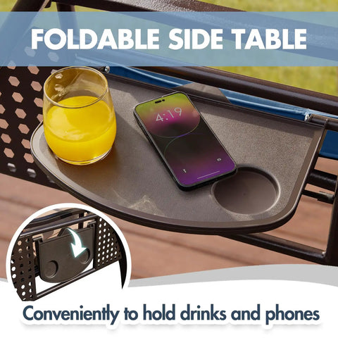 Foldable side table of Three Seat Outdoor Patio Porch Swing With PVC Adjustable Hardtop 3 In 1 Convertible Chair with phone and drink