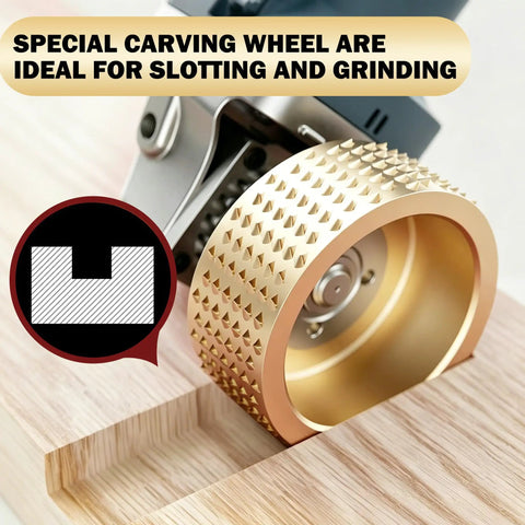 Pro Grade Woodworking Disc Set For Angle Grinders Four Inch And A Half Inch Includes Five Wood Carving Discs For Shaping Sanding Polishing And Quick Grinding Wheels With Five Eighth Inch Adapter Ring For Wood Cutting DIY Projects. gold wood carving disc on angle grinder for slotting and grinding