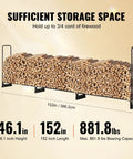 Diagram showing Beefy Heavy Duty Outdoor Firewood Rack With Waterproof 600D Oxford Cover holding 3/4 cord wood, 152 inches long