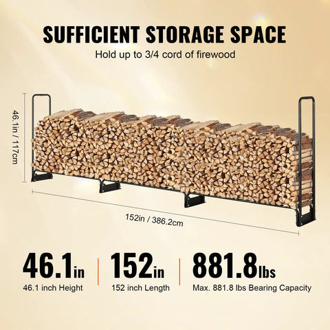 Diagram showing Beefy Heavy Duty Outdoor Firewood Rack With Waterproof 600D Oxford Cover holding 3/4 cord wood, 152 inches long