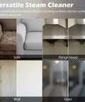 Before and after cleaning results on sofa, range hood, wall, and glass using Powerful 1500W Portable Steam Cleaner With 1.2L Tank.
