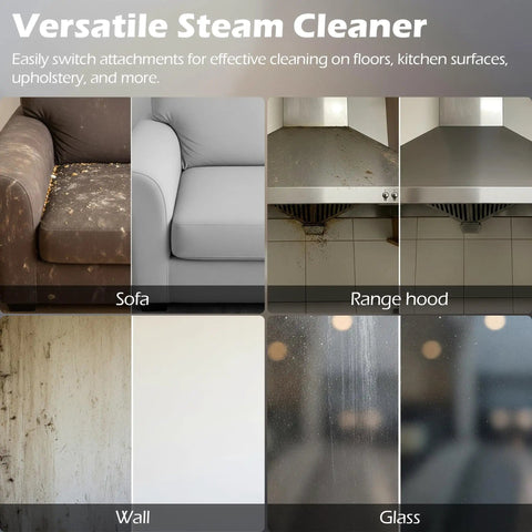Before and after cleaning results on sofa, range hood, wall, and glass using Powerful 1500W Portable Steam Cleaner With 1.2L Tank.