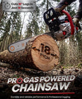 Gas powered chainsaw cutting 18-inch log; featuring dual 18 and 20 inch bars, 63cc 3.7HP two-stroke engine for fast tree felling.