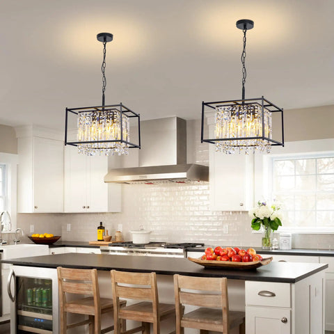 Dope Modern Black Crystal Chandelier With Adjustable Height for kitchen island, showcasing luxury ceiling pendant light fixture.