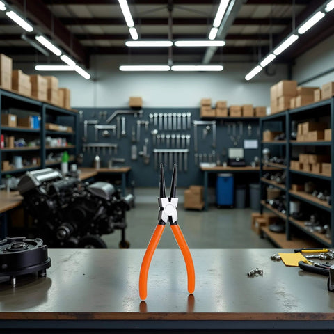Extra Long 7 Inch Built Tough Heavy Duty Retaining Ring Pliers For External Circlips Snap Rings Circlip Removal displayed upright on a workshop table.