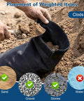 Filling 200 lb fillable sand bags with gravel for umbrella bases, part of four-pack weatherproof heavy-duty weights.