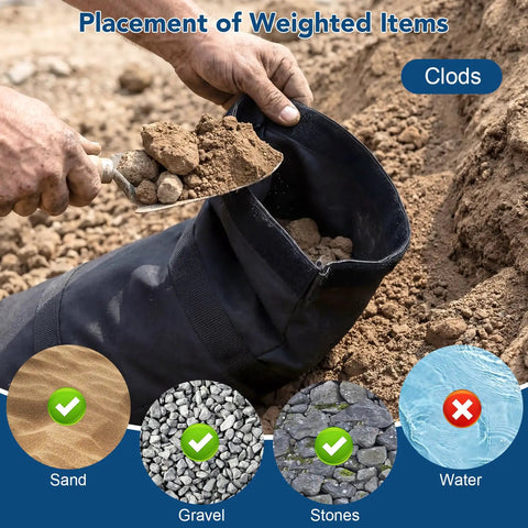 Filling 200 lb fillable sand bags with gravel for umbrella bases, part of four-pack weatherproof heavy-duty weights.