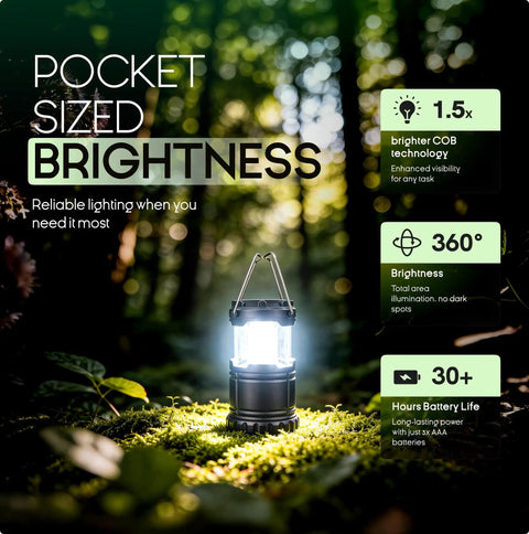 Bright 360 Degree COB LED Camping Lantern Powered by Batteries in a forest setting, providing illumination on mossy ground.