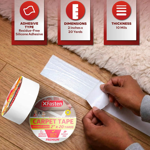 Heavy Duty Double Sided Carpet Tape For Area Rugs And Carpets, 2 Inch By 20 Yards, being applied to carpet edge for bonding