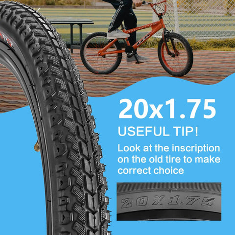 Close-up of 2 Pack 20x1.75 Bike Tires With Tubes And Levers For 20x1.5 1.75 1.95 Rims, durable treads, BMX rider in the background