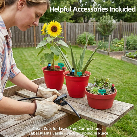Woman using pruners with Upgraded 2026 Automatic Drip Irrigation Kit For Garden And Yard With Quick Connect PE Tubing in potted plants