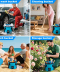 Man using 5 Gallon Collapsible Bucket With Handle For Camping Car Wash Beach Gardening RV Laundry And Emergency Prep, showing versatility in various settings.