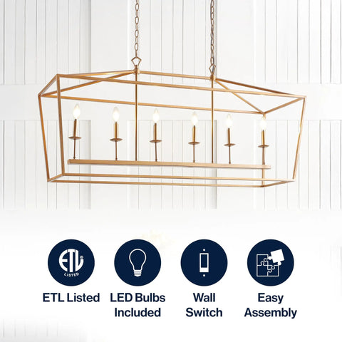 Solid Six Light Pagoda Pendant Ceiling Lamp Offering Wide Forty Nine Inch Open Wire Cage Frame Finished In Classy Antique Gold Color Combined With Timeless Energy Saving Led Bulbs For Quick Home Glow Up And Easy Install