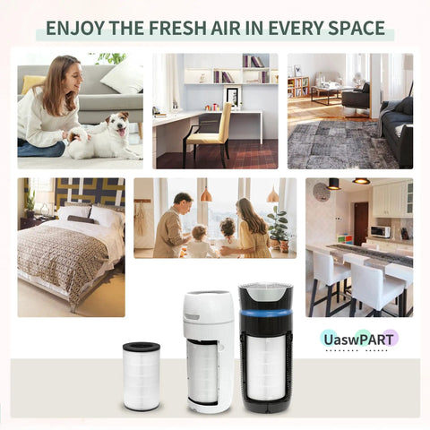 Replacement True HEPA Filter For AP-T30 And AP-PET35 Series Air Purifiers in various room settings with family and pet