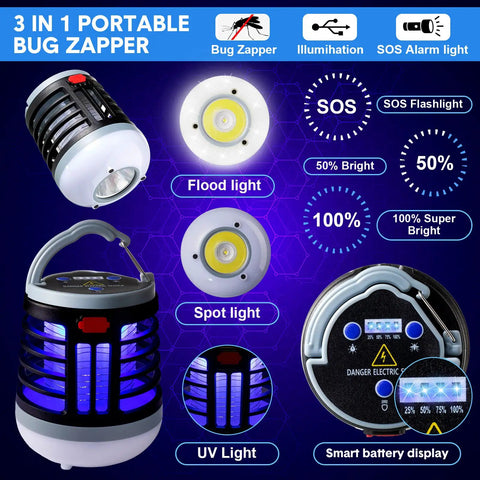 Image showing Two Pack 3 In 1 Bug Zapper With USB Rechargeable Battery Waterproof Mosquito Killer Outdoor Indoor LED Lantern Camp Light And SOS Emergency Light For Home Backyard, featuring UV light, spotlight, floodlight, and battery display.