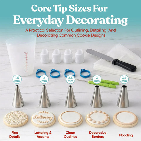 Versatile Big Time Premium 67 Piece Cookie Decorating Kit Featuring Royal Icing Tools with piping tips and measuring cup.