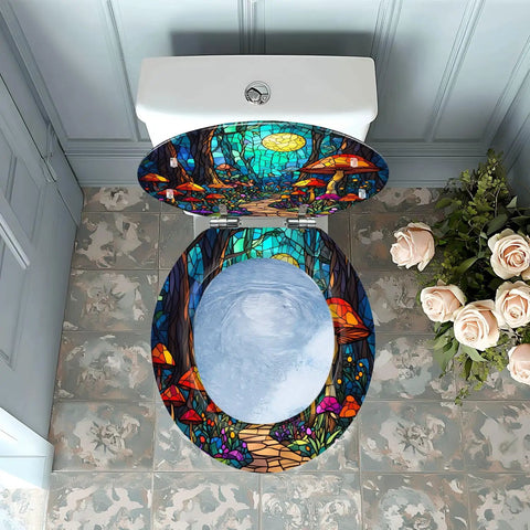 Toilet Seat Round Resin Bathroom with colorful stained glass design and floral accents, compatible with various toilet models.