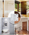 Collage of interior doors with central image of Six Pack Three And A Half Inch Door Hinges With Removable Pin Matte Black Five Eighth Radius