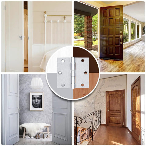Collage of interior doors with central image of Six Pack Three And A Half Inch Door Hinges With Removable Pin Matte Black Five Eighth Radius
