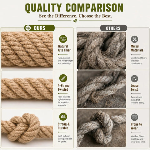Quality comparison of Dope Natural Jute Rope 8mm Thick Hemp Twine 165ft Eco Friendly alongside mixed materials rope.