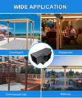 Heavy Duty 4x4 Pergola Bracket Kit With 4 Way Right Angle Elevated Wood Stand Do It Yourself Hardware Set For Outdoor Beams And Posts Rust Resistant Galvanized Steel With Black Powder Coat Ideal For Gazebos Carports Sunrooms Cabins shown in different settings like courtyard, restaurant, commercial use, and balcony.