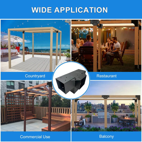 Heavy Duty 4x4 Pergola Bracket Kit With 4 Way Right Angle Elevated Wood Stand Do It Yourself Hardware Set For Outdoor Beams And Posts Rust Resistant Galvanized Steel With Black Powder Coat Ideal For Gazebos Carports Sunrooms Cabins shown in different settings like courtyard, restaurant, commercial use, and balcony.