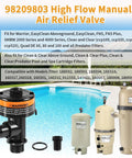 Front view: black high-flow manual air-relief valve for pool filter with orange warning label and fittings.