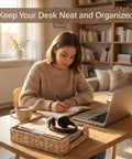 Woman using laptop with Water Hyacinth Letter Tray Desk Organizer, Rustic Wicker Mail Sorter, keeping office supplies neat.