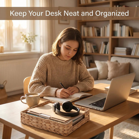 Woman using laptop with Water Hyacinth Letter Tray Desk Organizer, Rustic Wicker Mail Sorter, keeping office supplies neat.