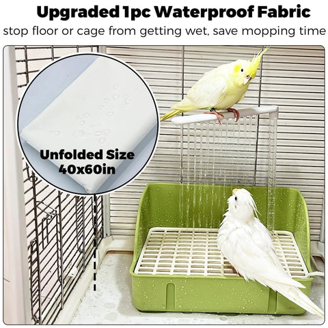 Indoor Bird Bath With Pump For Parakeets And Small To Medium Birds, Large Shower Fountain visible with two birds perched and bathing