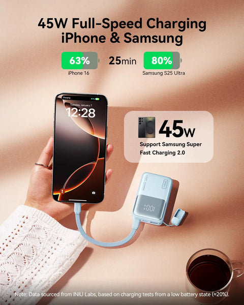 Ultra Mini 10000mAh USB C Power Bank With 45W Fast Charge connected to iPhone, showing charging speed and battery percentage.
