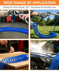 Heavy Duty Badass Workshop Air Hose 7.5m Commercial Grade PU Recoil Line With Quarter Inch Npt Couplings For Coiled Compressor Gear Best Selling For Home Diy Grind Auto Work And Pneumatic Tools While Preventing Floor Clutter In Your Garage Shop Setup. Blue 7.5m PU recoil air hose for tire inflation, spray gun, nailer and car wash use