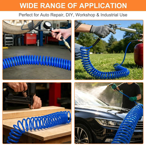Heavy Duty Badass Workshop Air Hose 7.5m Commercial Grade PU Recoil Line With Quarter Inch Npt Couplings For Coiled Compressor Gear Best Selling For Home Diy Grind Auto Work And Pneumatic Tools While Preventing Floor Clutter In Your Garage Shop Setup. Blue 7.5m PU recoil air hose for tire inflation, spray gun, nailer and car wash use
