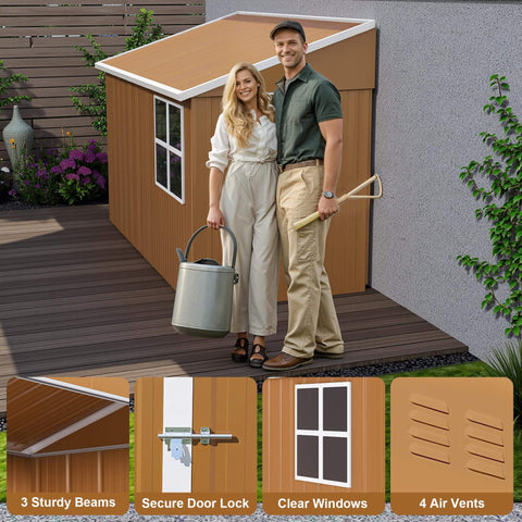 Heavy Duty Metal Tool Shed With Windows Lockable Door And Ventilation Weatherproof Outdoor Storage For Backyard And Lawn Gear 8 By 4 Feet Durable Brown Finish Built To Last For Tool Organization And Patio Equipment installed on wooden deck