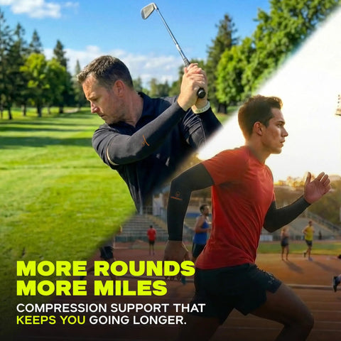 Cooling Arm Sleeves for Men and Women 4 Pack UV Sun Protection Compression Tattoo Cover Up for Daily Wear Work and Outdoor Activities Black All Day Comfort For Running Cycling Golf And More, featuring a golfer and runner in outdoor settings.