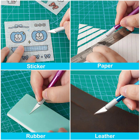 Exacto Knife Set With 2 Craft Knives And 40 Replacement Blades, Self Healing Cutting Mat, 6 Inch Ruler cutting various materials.