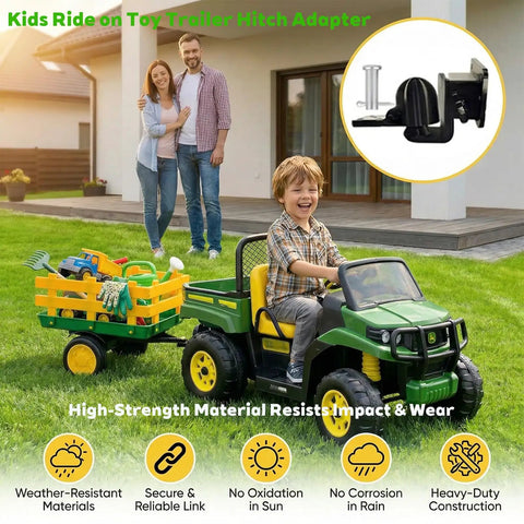 Child riding toy tractor with Universal Trailer Hitch Adapter for kids ride on toys, hauling cargo in backyard.