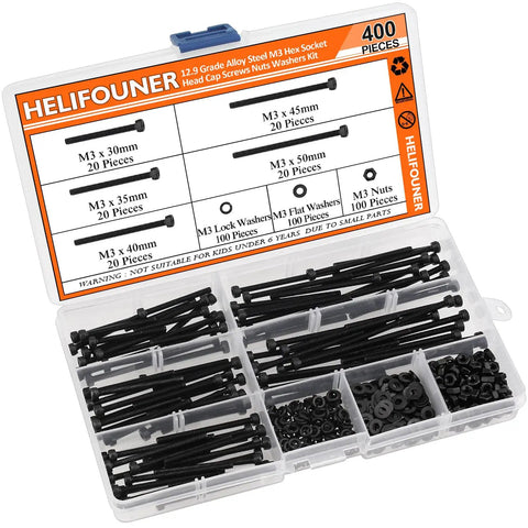 M3 Hex Socket Head Cap Screws Set With Nuts And Washers, 400 Piece Kit In 5 Lengths 30mm 35mm 40mm 45mm 50mm, labeled box view