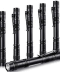 Six Piece LED Pen Lights With Clip Pocket Flashlights For Handy Checks, sleek black design with belt clips shown
