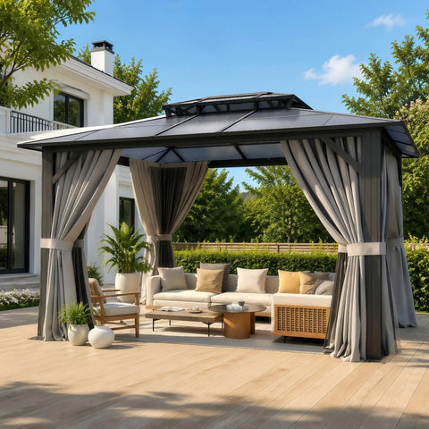 Hardtop Outdoor Gazebo 10x12 With Double Polycarbonate Roof, All Weather Permanent Pavilion In Aluminum Frame, Curtains On Patio