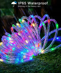 Outdoor 200 LED Solar Rope Lights, 66ft IP65 Waterproof multicolor lights on grass, suitable for trampoline and garden decor
