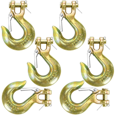 Six Pack Three Eighth Inch Clevis Slip Hooks With Safety Latch, G70 Forged Steel Chain Hooks for Heavy Duty Tow Jobs, Yellow Zinc Coated