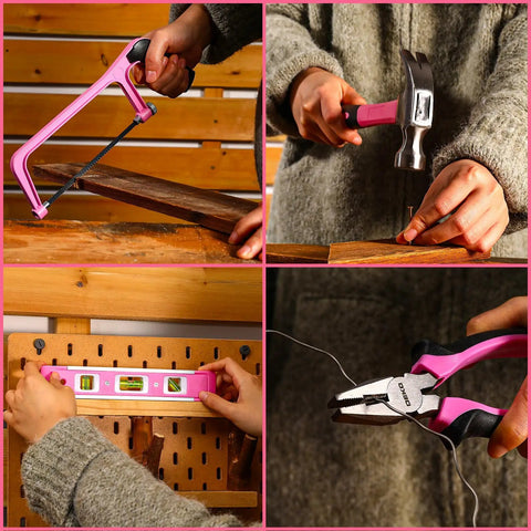 Pink Tool Kit Box Drill Set For Home DIY Enthusiasts, 12V Cordless Drill With Hand Tools in use for DIY projects