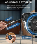 Heavy Duty Retractable Extension Cord Reel With Twist Lock Stopper, Auto Retract To Prevent Tangling, Brighter Triple Tap Outlet for Quick Power, showing adjustable stopper and retraction.