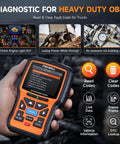 Hand holding Heavy Duty Truck Scanner With 6 9 16 Pin Adapters, 2 In 1 Diesel Diagnostic Tool For Cummins Paccar Caterpillar display screen.
